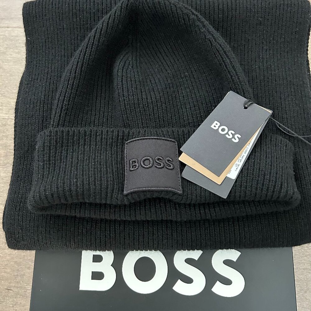 Hugo Boss Black Knit Scarf and Beanie Set Wool Cashmere Blend NWT